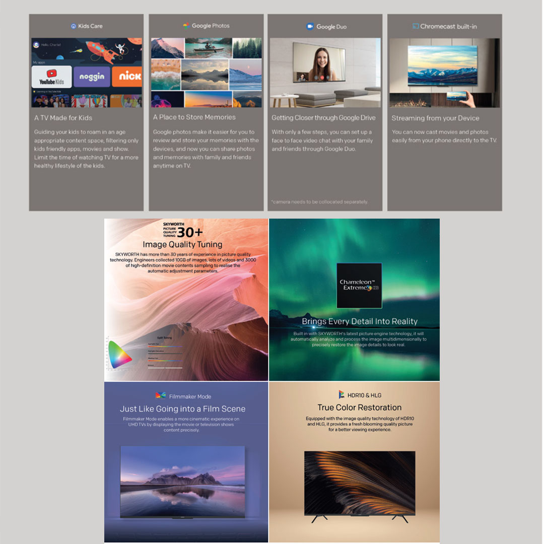 SKYWORTH 43"/50"/55"/65"/70"/75" 4K UHD Google LED TV SUE7600 | HDR10 | USB | HDMI | Google Tv | Dolby Audio | Bluetooth 5.1 | Chameleon Extreme 2.0 | Chromecast Built-In | Smart TV with 2 Year Warranty