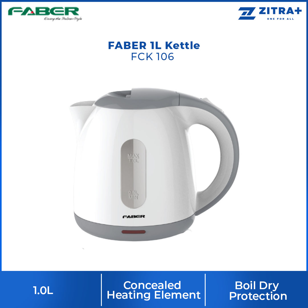 FABER 1L Kettle FCK 106 | Manual Lid Opening | Concealed Heating Element | Boil Dry Protection | Kettle with 1 Year Warranty