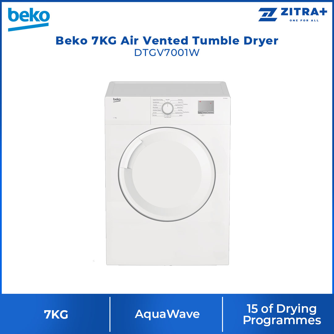 Beko 7KG Tumble Dryer DTGV7001W | Air Vented Drying Technology | Time Delay | 15 Programs Selection | Child Lock | Filter Cleaning Indicator | Tumble Dryer with 2 Years General Warranty & 12 Years Motor Warranty