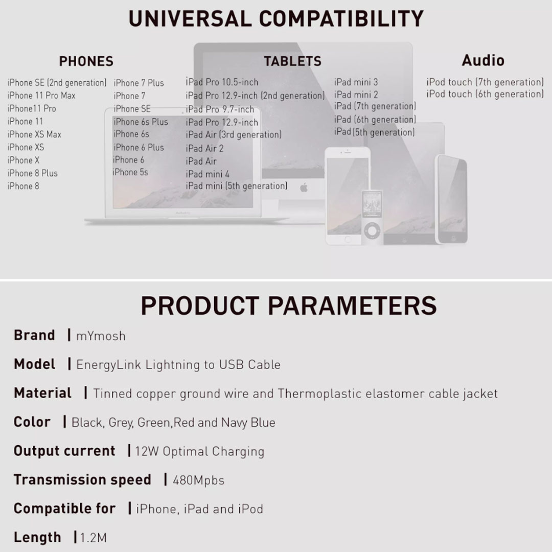 mYmosh 1.2m Lightning To USB Cable | USB-IF Certification | Support Fast Charge And SuperCharge | Tinned Copper Ground Wire | Thermoplastic Elastmer (TPE) | Cable with 2 Year Warranty