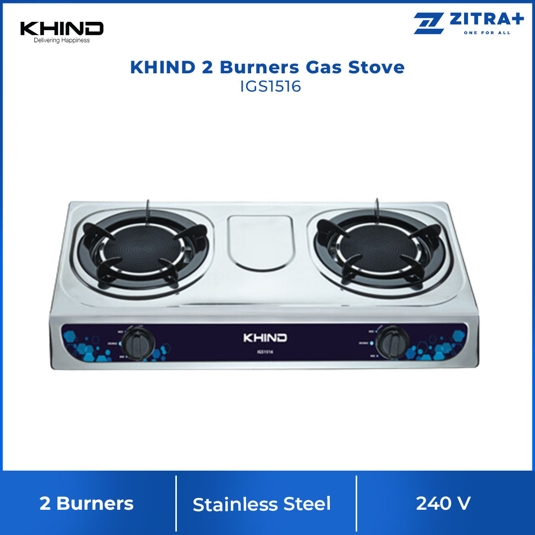 KHIND 2 Burners Infrared Gas Stove Stainless Steel IGS1516 | 150mm + 150mm Infrared Burner | With Enamel Trivet Stand | Automatic Piezo Ignition | Gas Stove with 1 Year General Warranty & 3 Years Burner Head Warranty