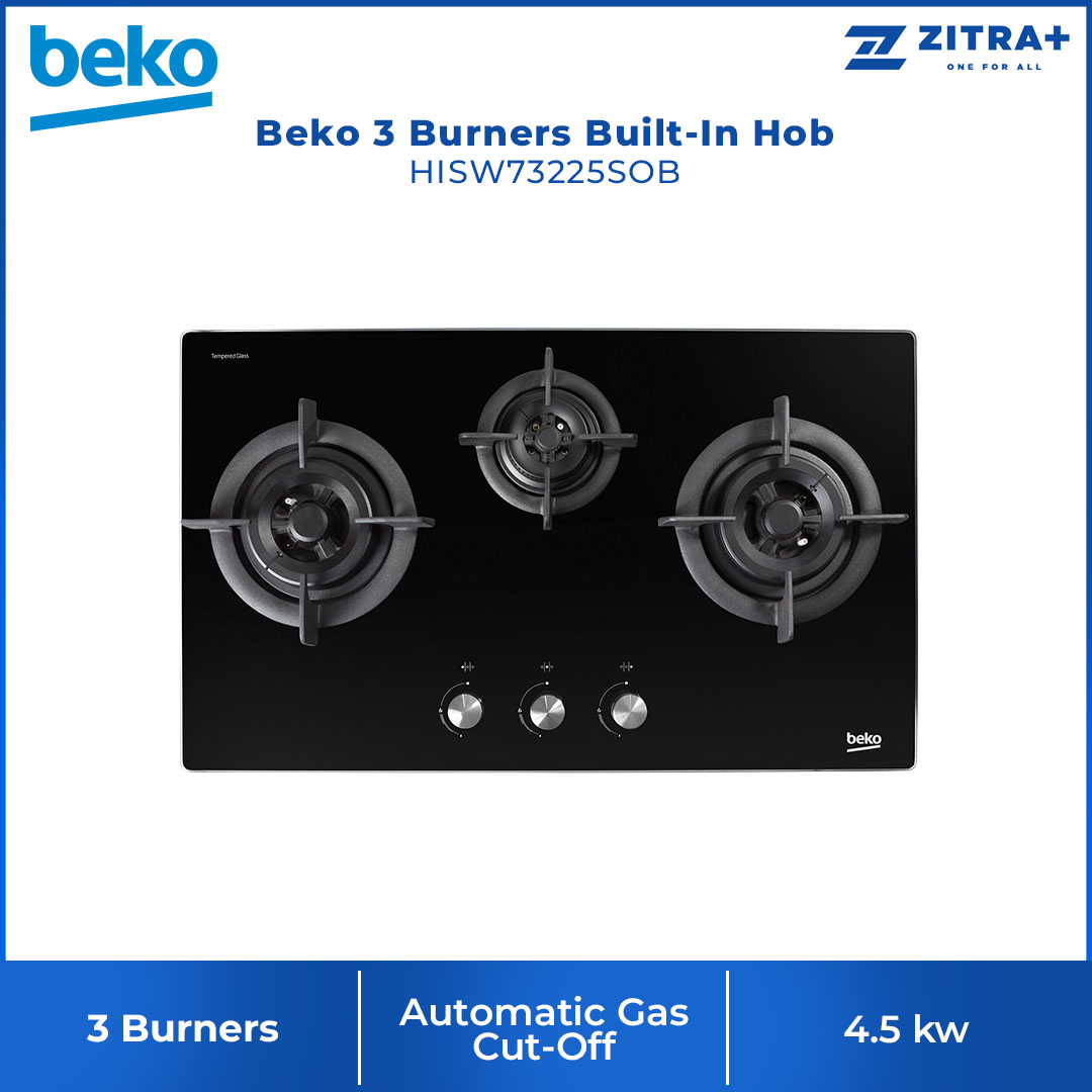 Beko 3 Burners Built-In Hob HISW73225SOB |  Automatic Gas Cut-Off | 2 Wok Burners and 1 Gas Burner | Cast-iron Pan Support | LPG Gas Type | Integrated Ignition | Built-In Hob with 2 Years Warranty