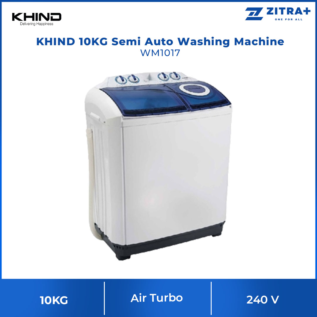 KHIND 10KG Top Load Semi Auto Washing Machine WM1017 | Air Turbo for Faster Drying of Clothes | Single Water Inlet Selector Port for Wash and Spin | Washing Machine with 1 Year General Warranty & 5 Years Motor Warranty