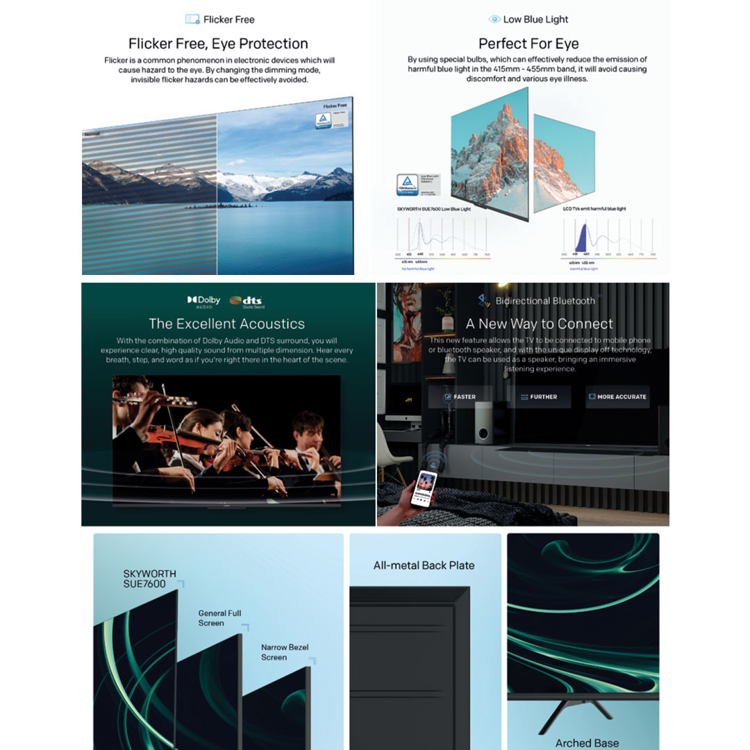 SKYWORTH 43"/50"/55"/65"/70"/75" 4K UHD Google LED TV SUE7600 | HDR10 | USB | HDMI | Google Tv | Dolby Audio | Bluetooth 5.1 | Chameleon Extreme 2.0 | Chromecast Built-In | Smart TV with 2 Year Warranty