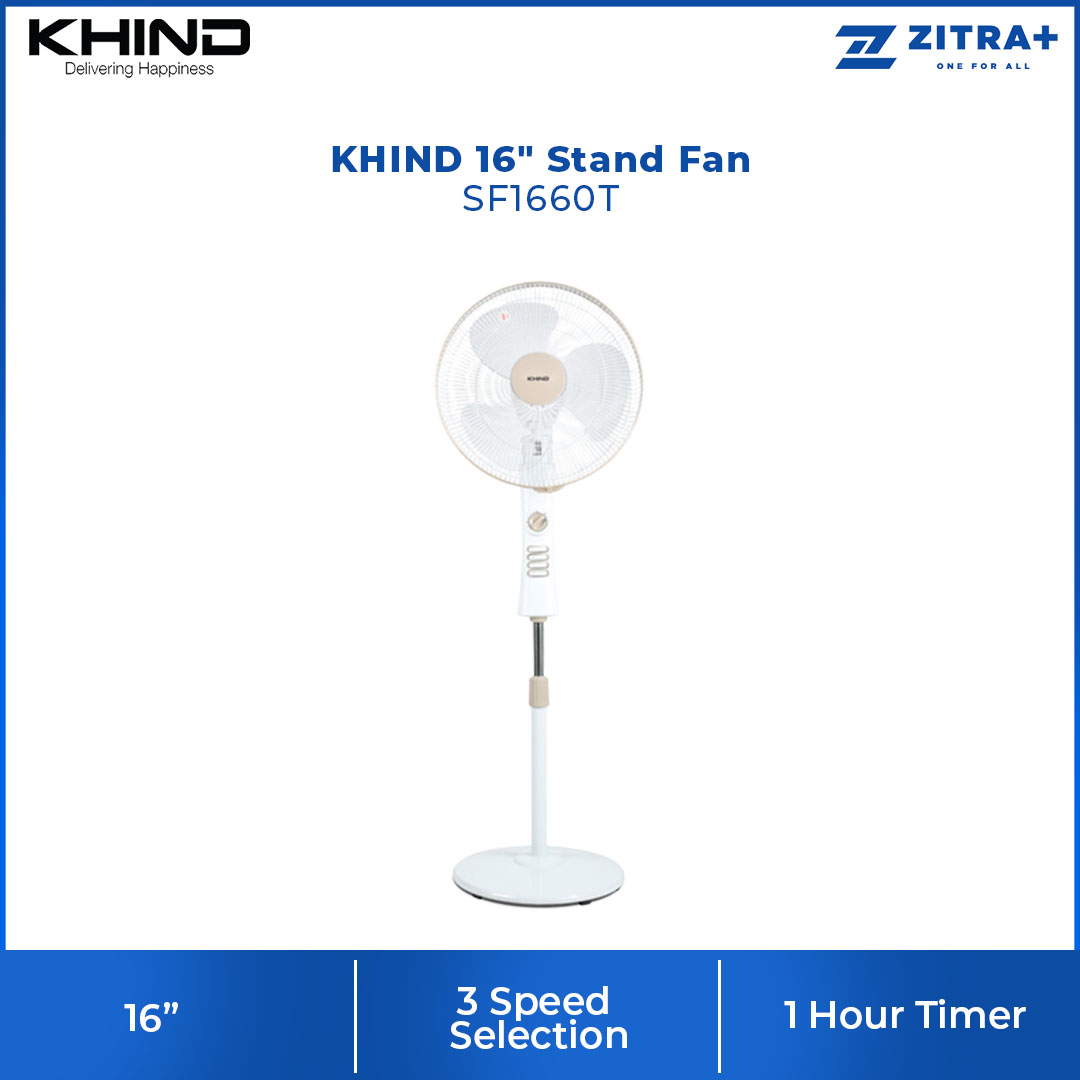 KHIND 16" Stand Fan SF1660T | 3 Speed Selection | 1 Hour Timer | Wide Angle Horizontal Oscillation | Adjustable Height | Stand Fan with 1 Year Warranty