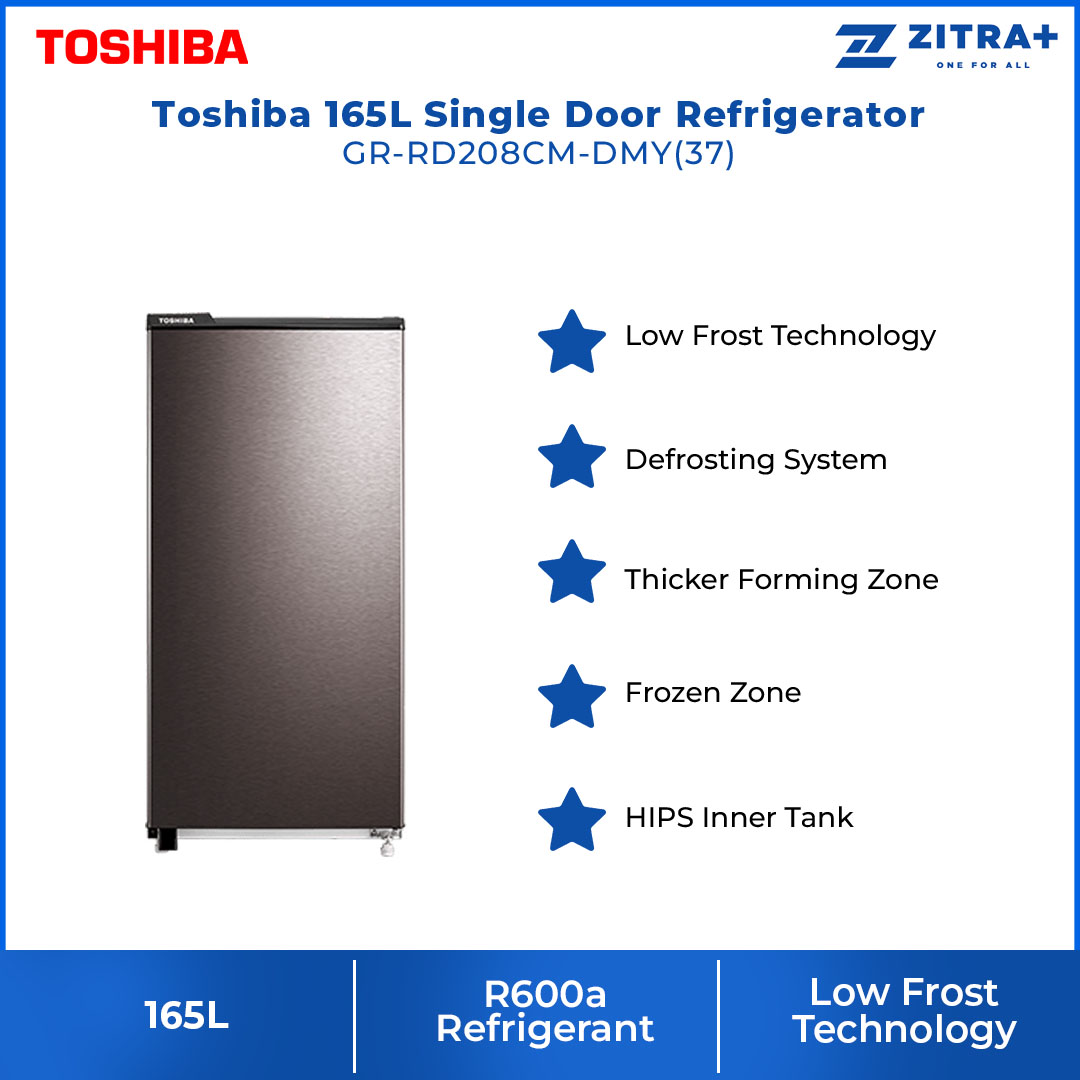 Toshiba 165L Single Door Refrigerator GR-RD208CM-DMY(37) | Low Frost Technology | Defrosting System | HIPS Inner Tank | Frozen Zone | Multi-Step Adjustment | Refrigerator With 1 Year Warranty