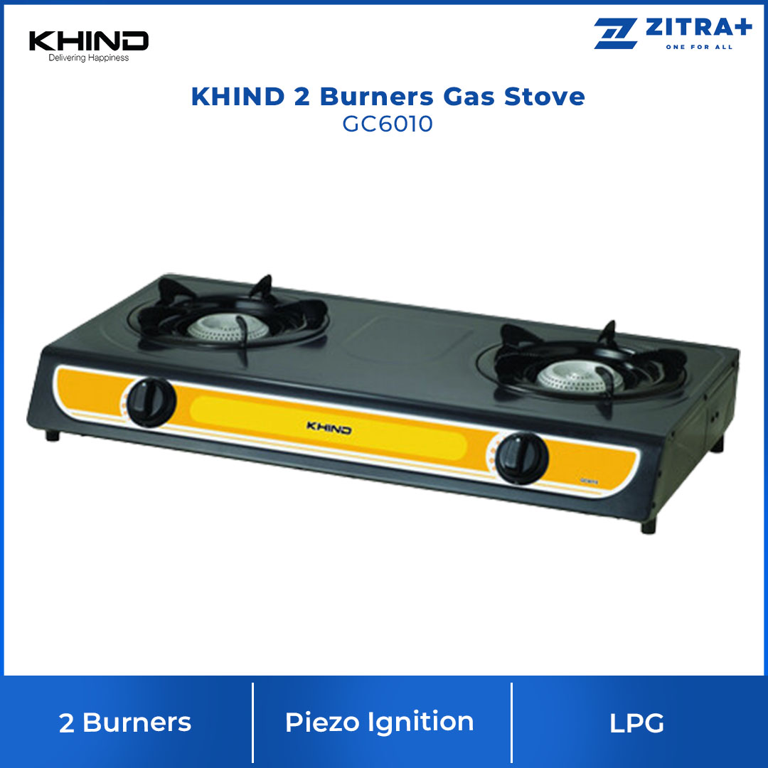 KHIND 2 Burners Gas Stove GC6010 | 100 x 100 Beehive Burner | Epoxy Coated Stand | ?Automatic Ignition | Adjustable Flame | Gas Stove with 1 Year Warranty