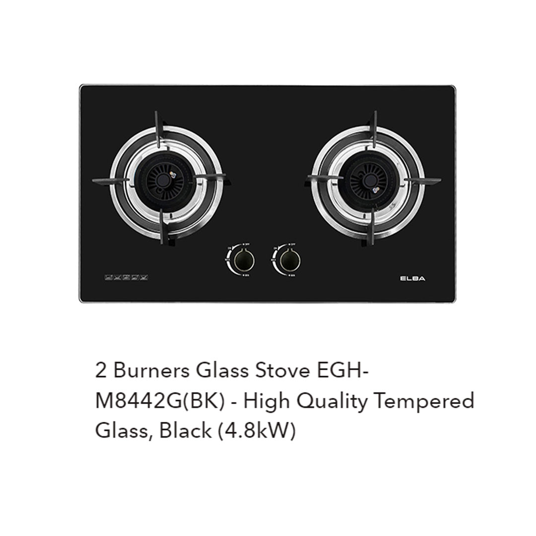 ELBA 2 Burners Glass Stove EGH-M8442G(BK)  | High Quality Tempered Glass | 4800W | Battery Auto Ignition System | Burners with 1 Year Warranty
