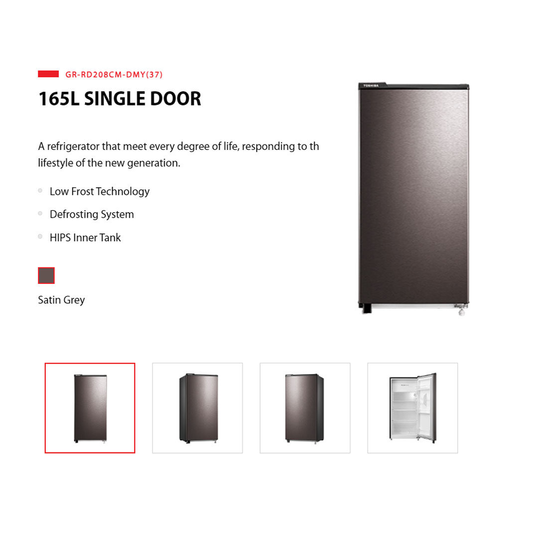 Toshiba 165L Single Door Refrigerator GR-RD208CM-DMY(37) | Low Frost Technology | Defrosting System | HIPS Inner Tank | Frozen Zone | Multi-Step Adjustment | Refrigerator With 1 Year Warranty