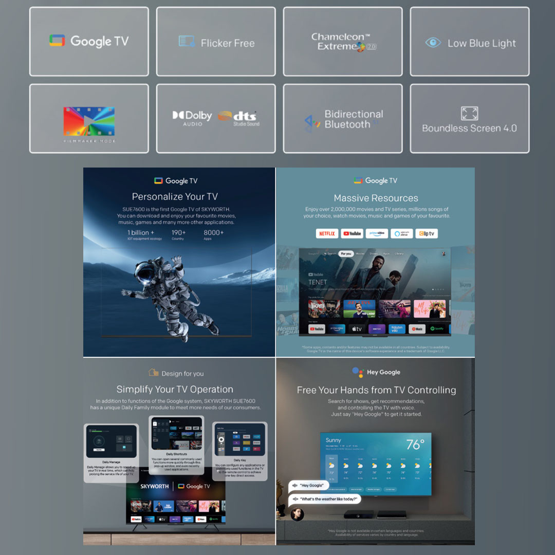 SKYWORTH 43"/50"/55"/65"/70"/75" 4K UHD Google LED TV SUE7600 | HDR10 | USB | HDMI | Google Tv | Dolby Audio | Bluetooth 5.1 | Chameleon Extreme 2.0 | Chromecast Built-In | Smart TV with 2 Year Warranty