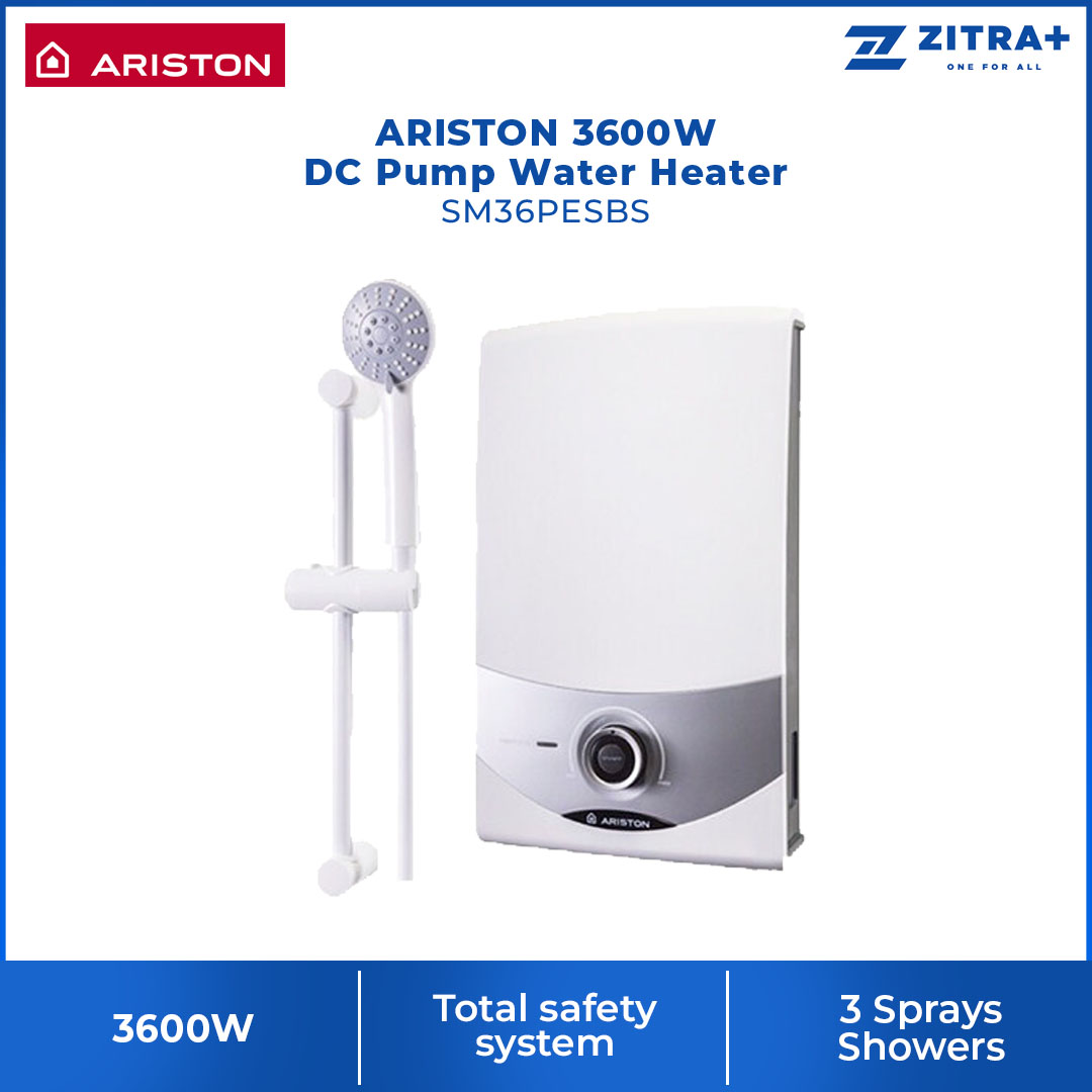 ARISTON 3600W DC Pump Electric Instant Water Heater SM36PESBS | 3 Sprays Shower | Protection From Water Splash | Double Pole ELCB | Water Heater with 1 Year General Warranty & 5 Years Heating Element Warranty