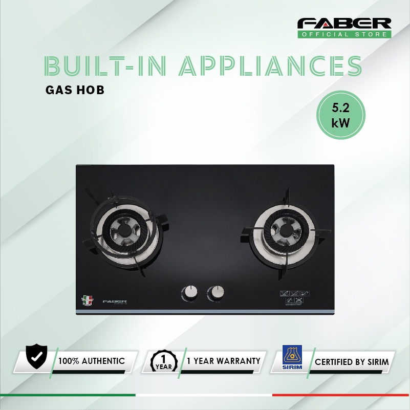FABER 2 Burners Built-In Glass Hob FGH PRESTO 2B/76BK | Cast Iron Support | Easy Cleaning Design | Glass Hob with 1 Year Warranty