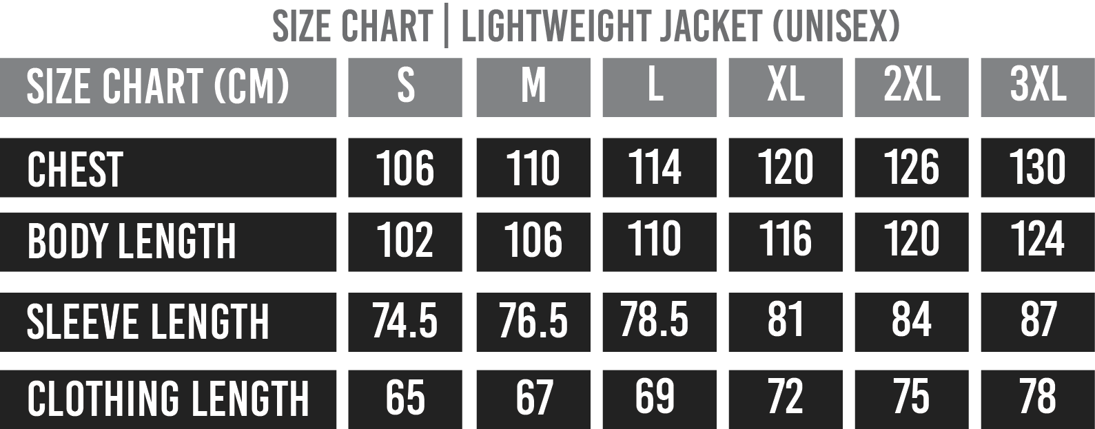 Size Chart (Jacket)