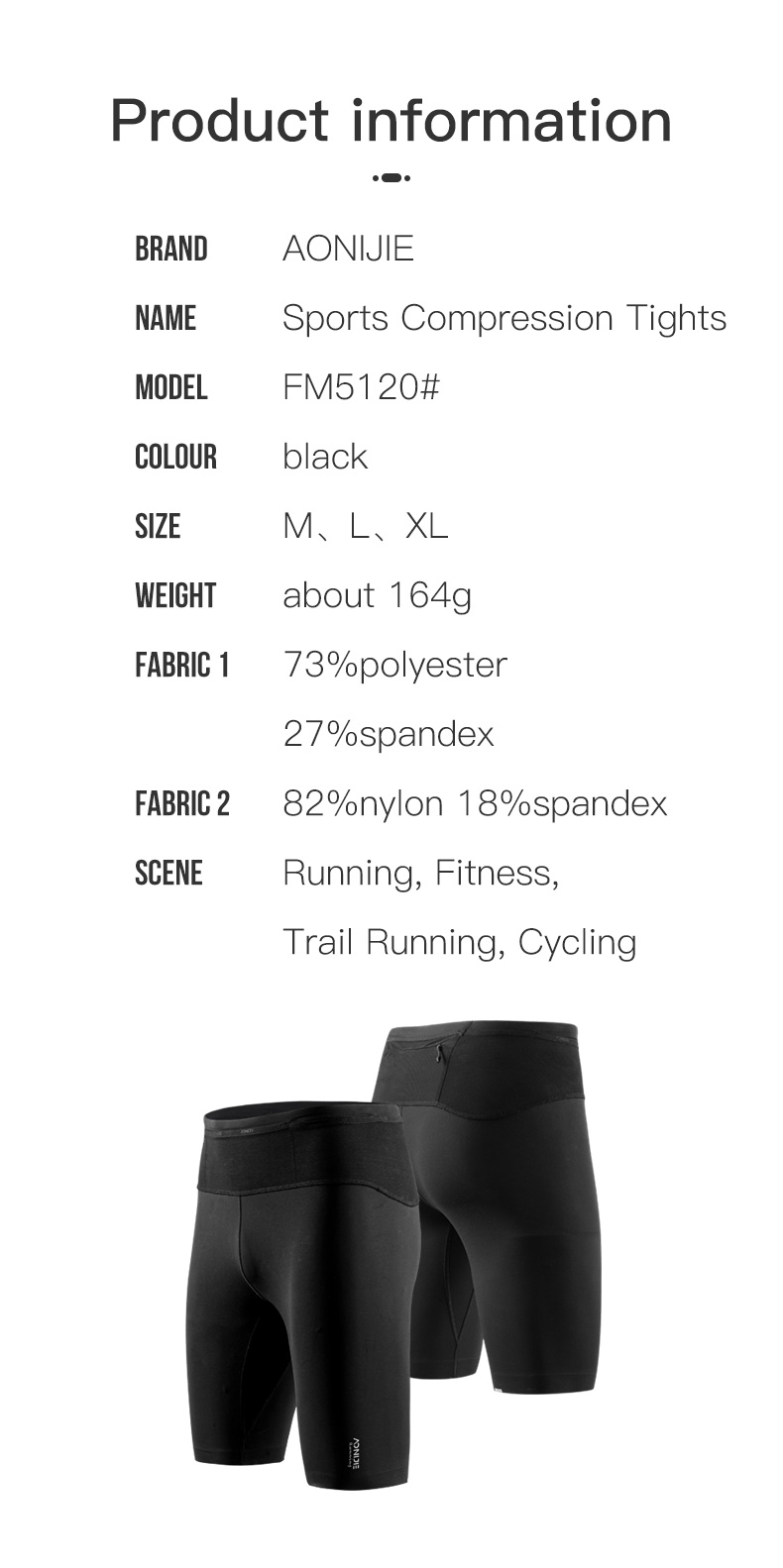 AONIJIE FM5120 Men Sports Compression Pants Lightweight Tight Running Pants  Moisture Absorption Wear-resistant Non-slip Black Riding Trousers
