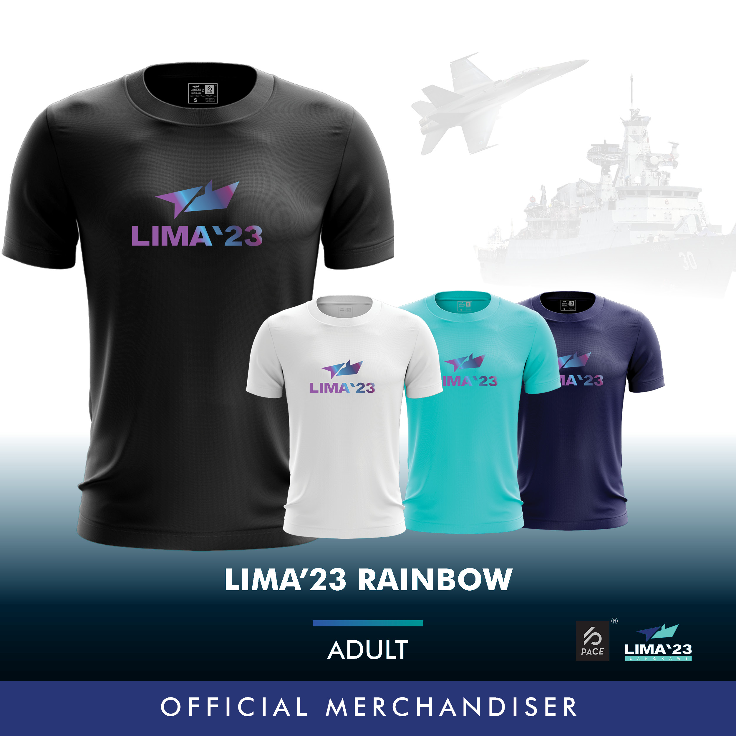 LIMA'23 Rainbow Reflective Tee Shirt Black, White, Navy & Tiffanny Blue