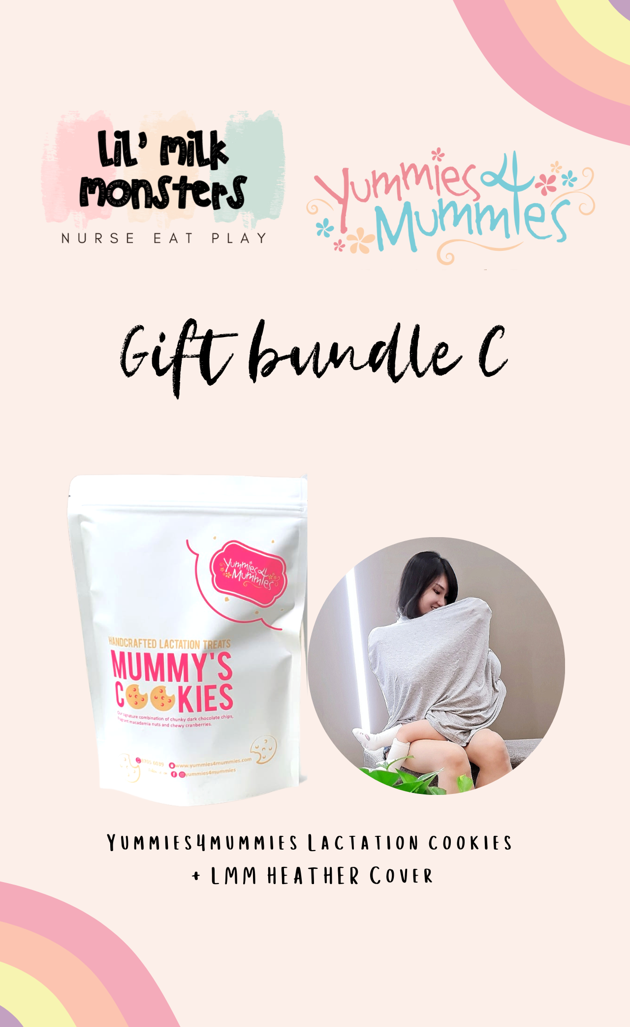 Yummies4mummies & Lil' Milk Monsters - Leah Nursing Cover + 1 Pack of Lactation Cookies OR Lactation Granola Bundle