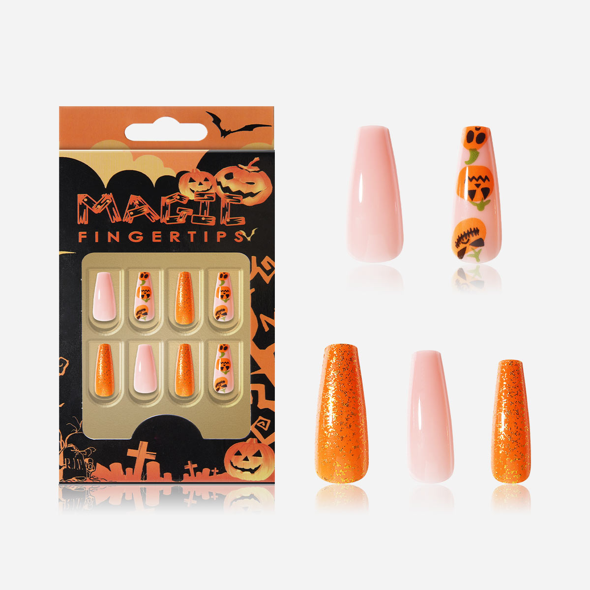 Sparkly pumpkin coffin nails