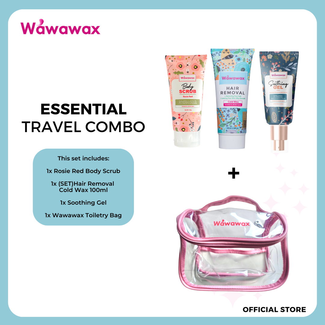 Wawawax Essential Travel Combo (Wax + Scrub + Soothing Gel + Toiletry Bag)