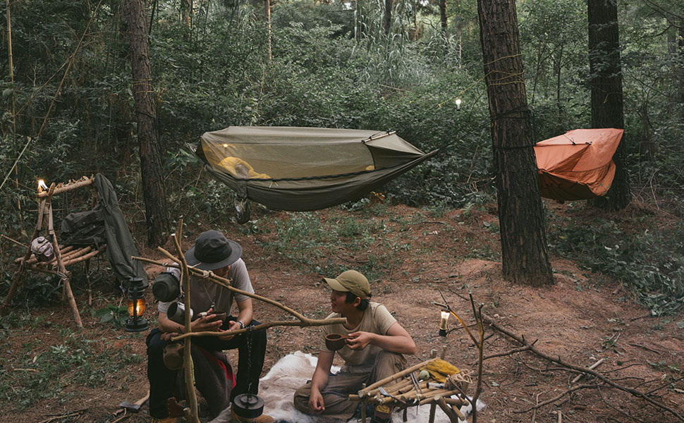 ハンモック 吊り下げ式 蚊帳付き 耐荷重200kg ポール付き ソロキャンプ