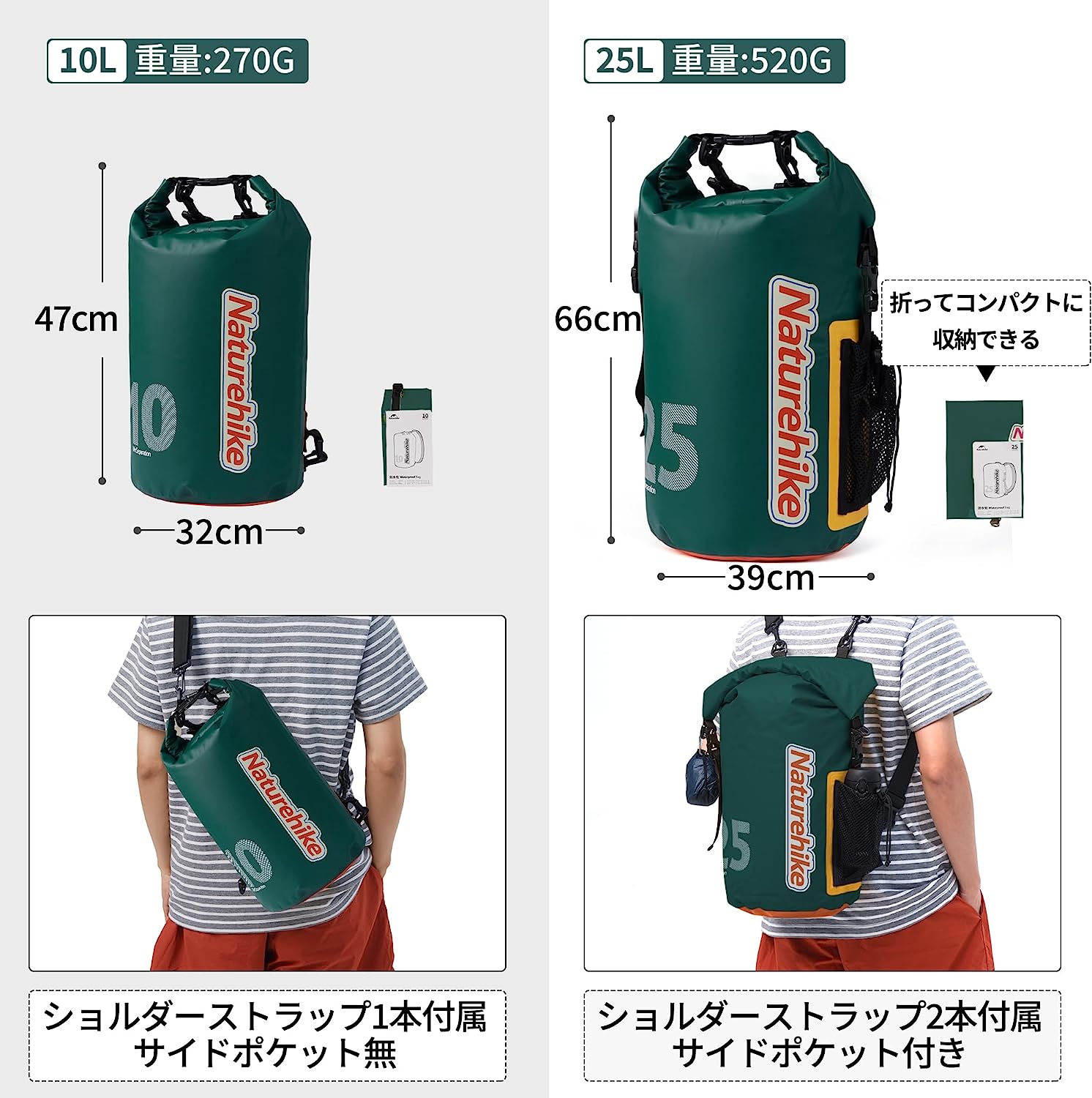 ネイチャーハイク 防水バッグ 完全防水 リュック 超軽量 10L 25L 自転車 乾湿分別可能 登山 防水バッグ -Naturehike