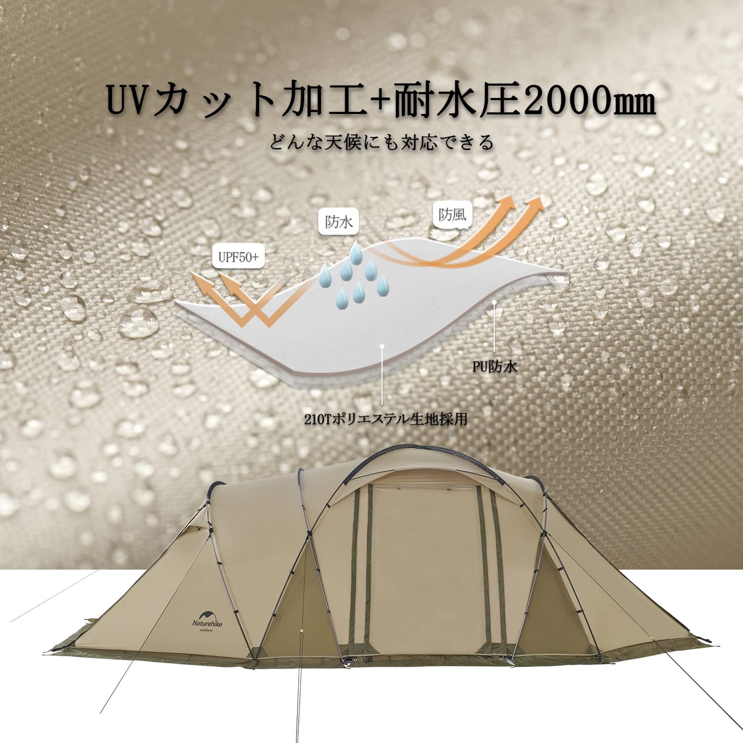 ネイチャーハイク トンネルテント4-8人用 高さ2.05m-Naturehike