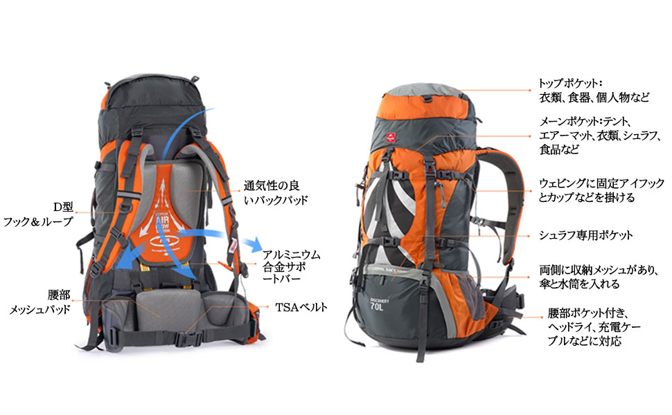 Naturehike 70L 5L 大容量 ザック 登山 リュック バックパック 背面長