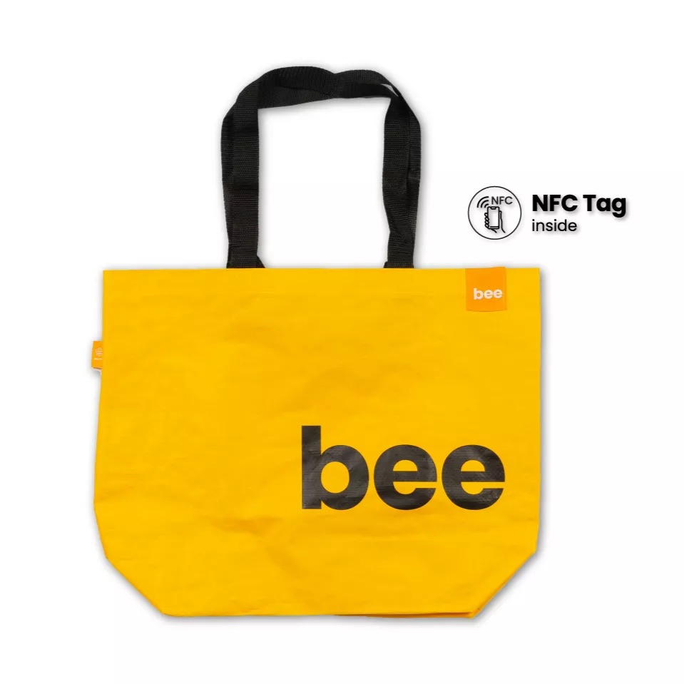 Mighty bee, Eco Grocery Bag, Sustainable Materials, Grocery, Durable Bags, Recycled Material, PP Woven, Polypropylene, Smart Reusable Bags, Track Impact, Rewards, Sustainability, NFC Tag, Sustainable Packaging, Eco Bag