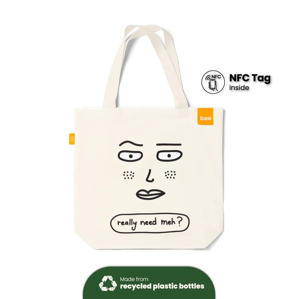 Really bee, really need meh?, Eco Tote Bag, Sustainable Materials, Youth Fashion, Modern Tote Bags, Recycled Material, Recycled Polyester, RPET, Smart Reusable Bags, Track Impact, Rewards, Sustainability, NFC Tag, Sustainable Packaging, Eco Bag