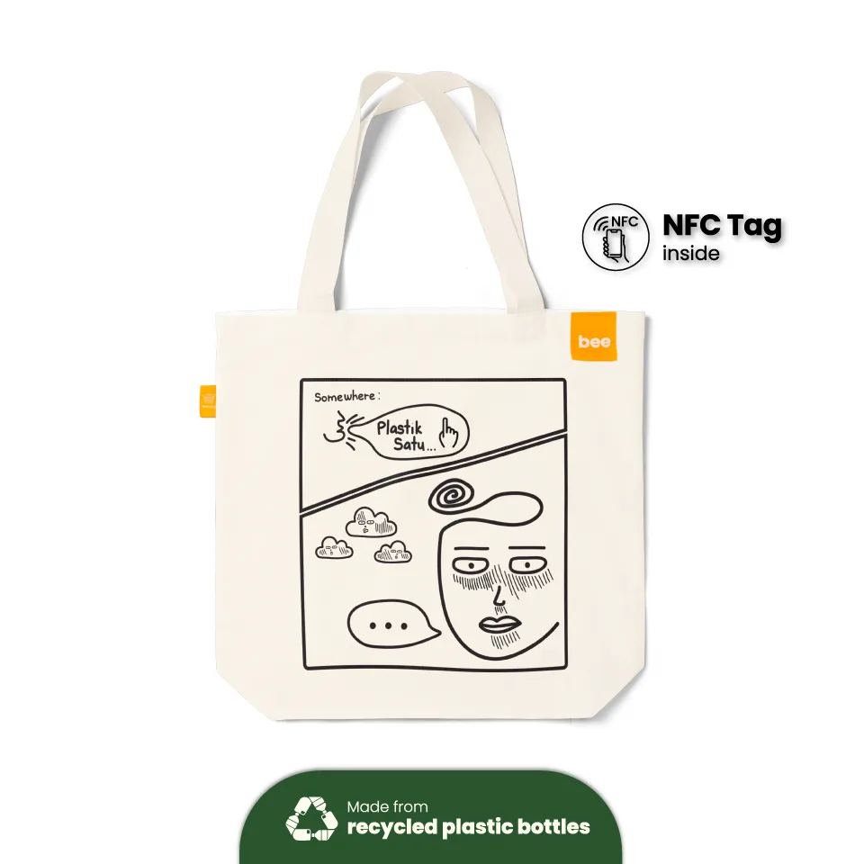 No Plastik bee, Eco Tote Bag, Sustainable Materials, Youth Fashion, Modern Tote Bags, Recycled Material, Recycled Polyester, RPET, Smart Reusable Bags, Track Impact, Rewards, Sustainability, NFC Tag, Sustainable Packaging, Customizable Tote Bag, Eco Bag