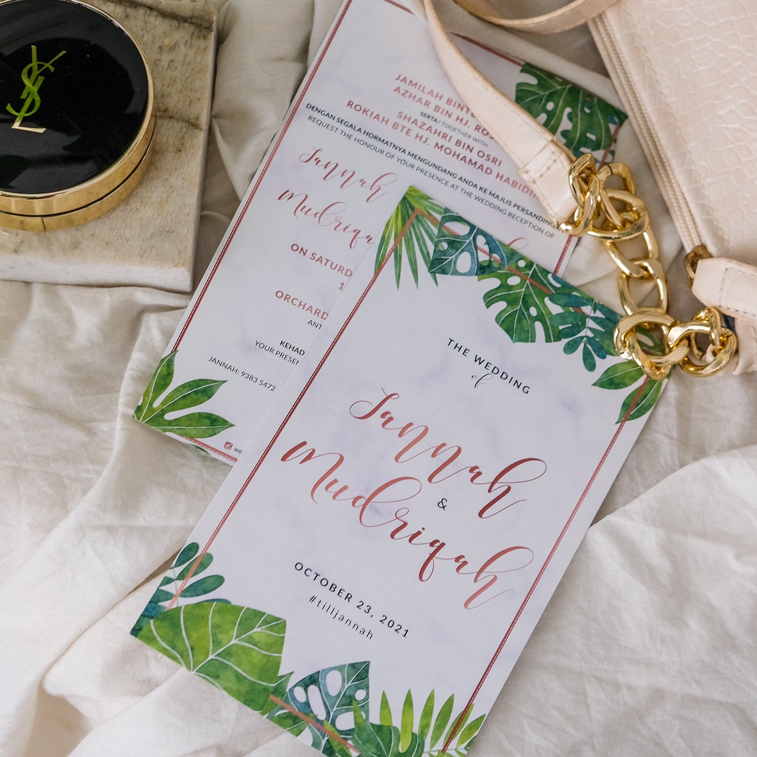 Tropical Monstera Marble Wedding Invitations  | Wedding Cards SG