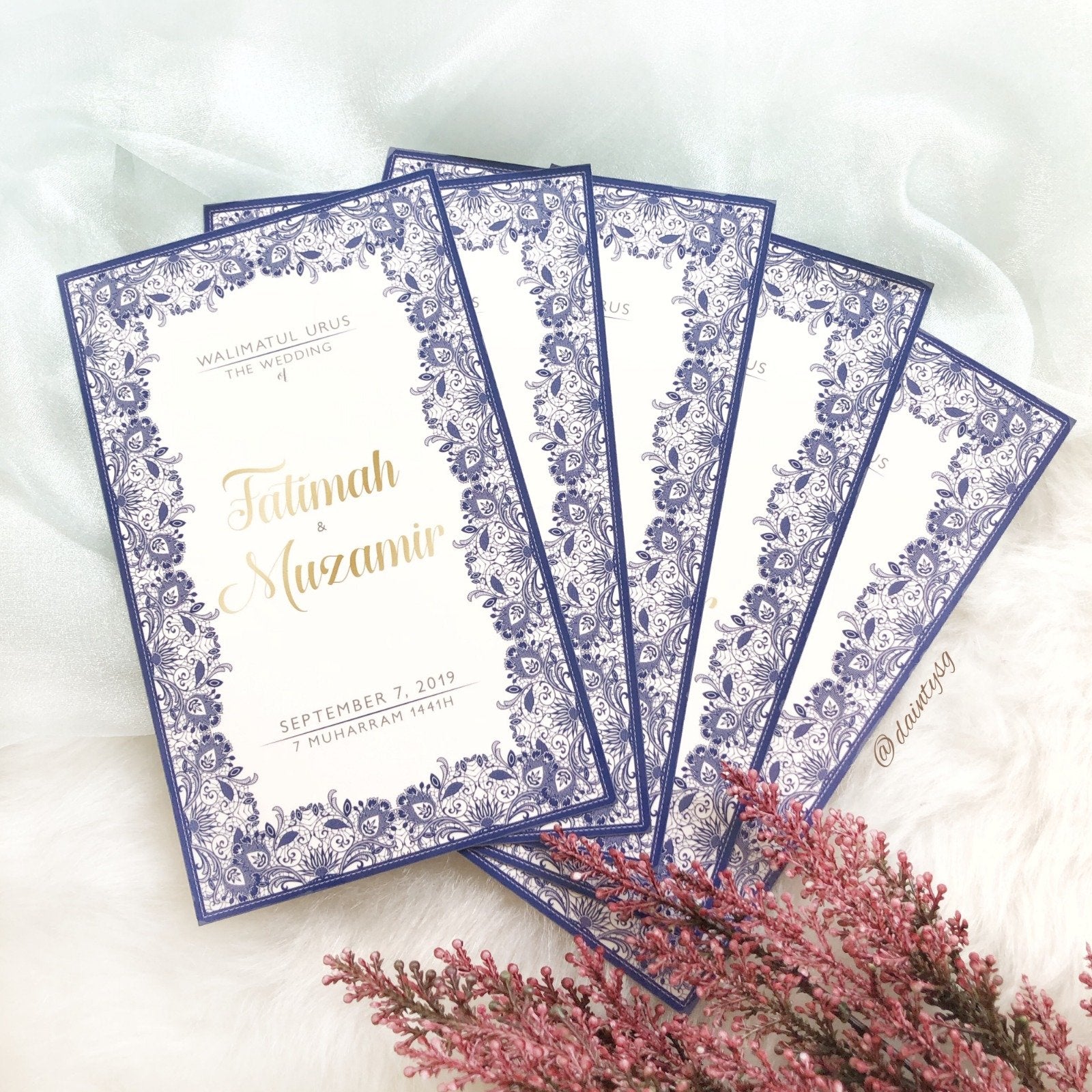 Romantic Gold And Navy Blue Lace Invitations | Wedding Card SG
