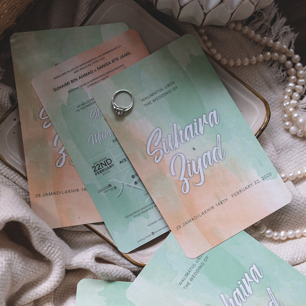 Green And Peach Watercolor Wedding Invitations | Singapore Wedding Card