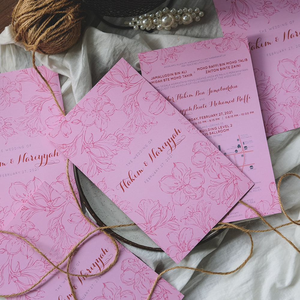 Hot Pink Hibiscus Wedding Invitations | Kad Kahwin Singapore