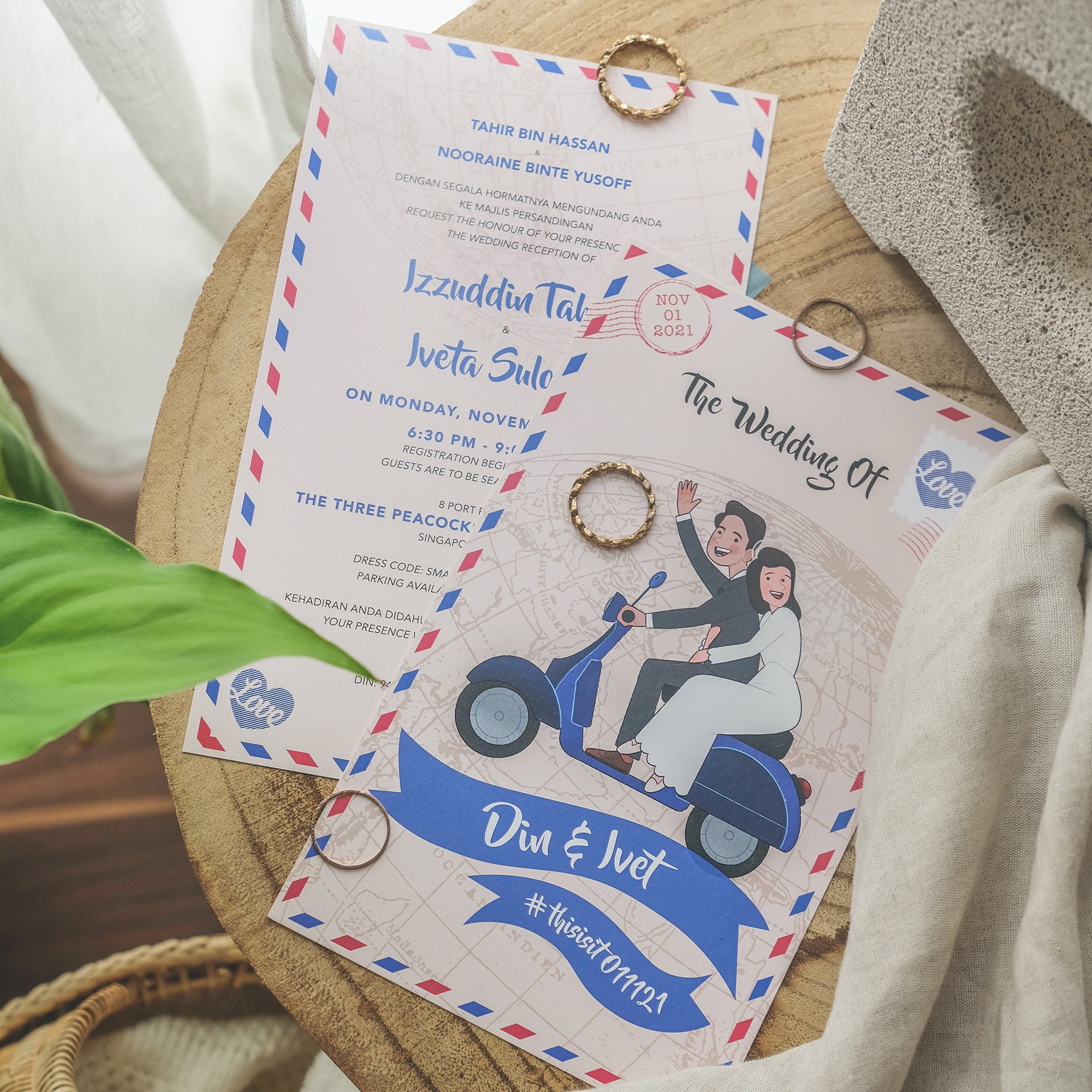 Bride and Groom on Dark Blue Vespa Scooter Illustrated | SG Wedding Card