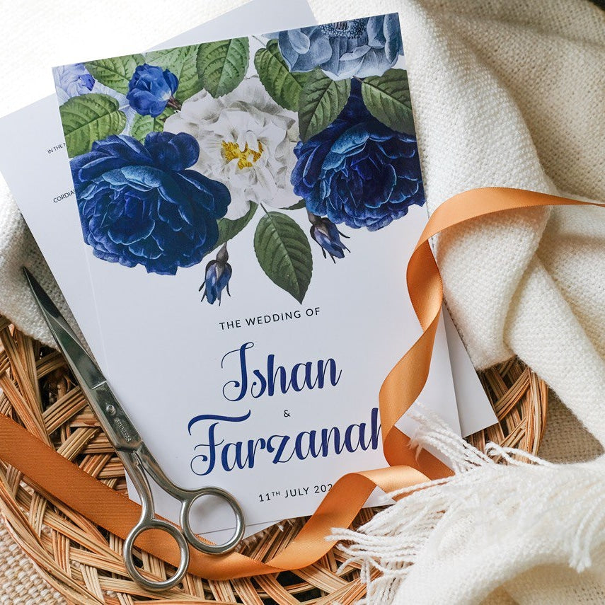 Blue And White Classic Rose Wedding Invitations | Kad Kahwin SG