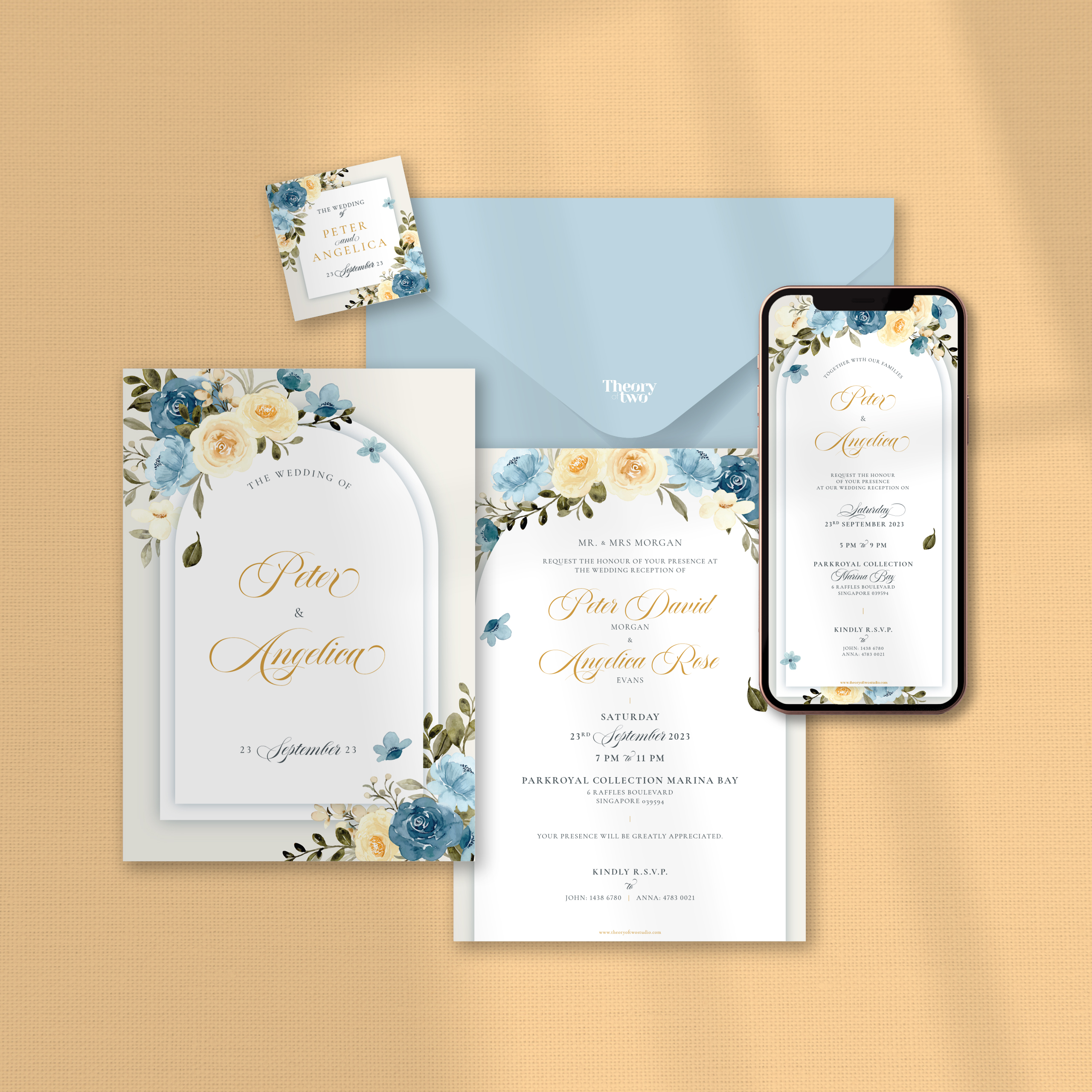 NEW!!! BLUE & CREAM FLORAL WEDDING INVITATION