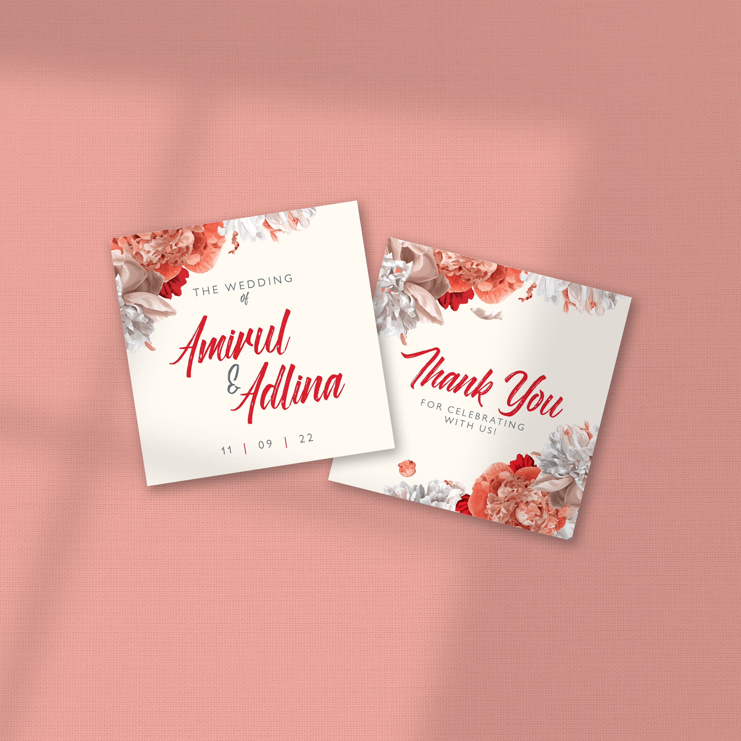 RED AND WHITE PEONY WEDDING FAVOR STICKER/ TAG 