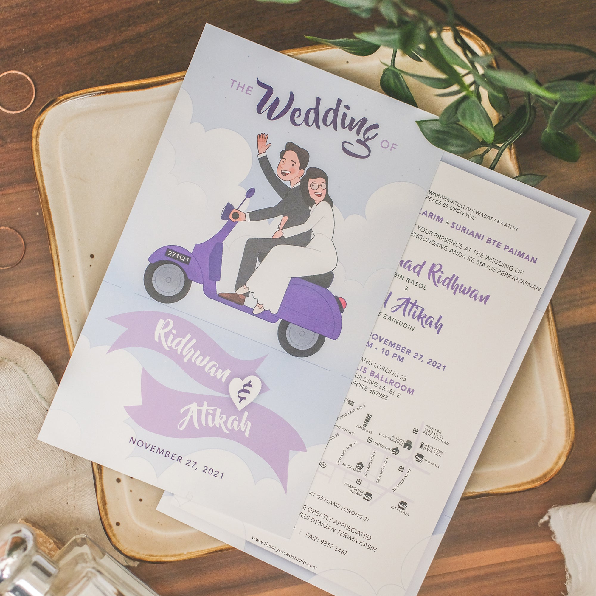 Bride and Groom on Purple Vespa Scooter Illustrated | SG Wedding Card