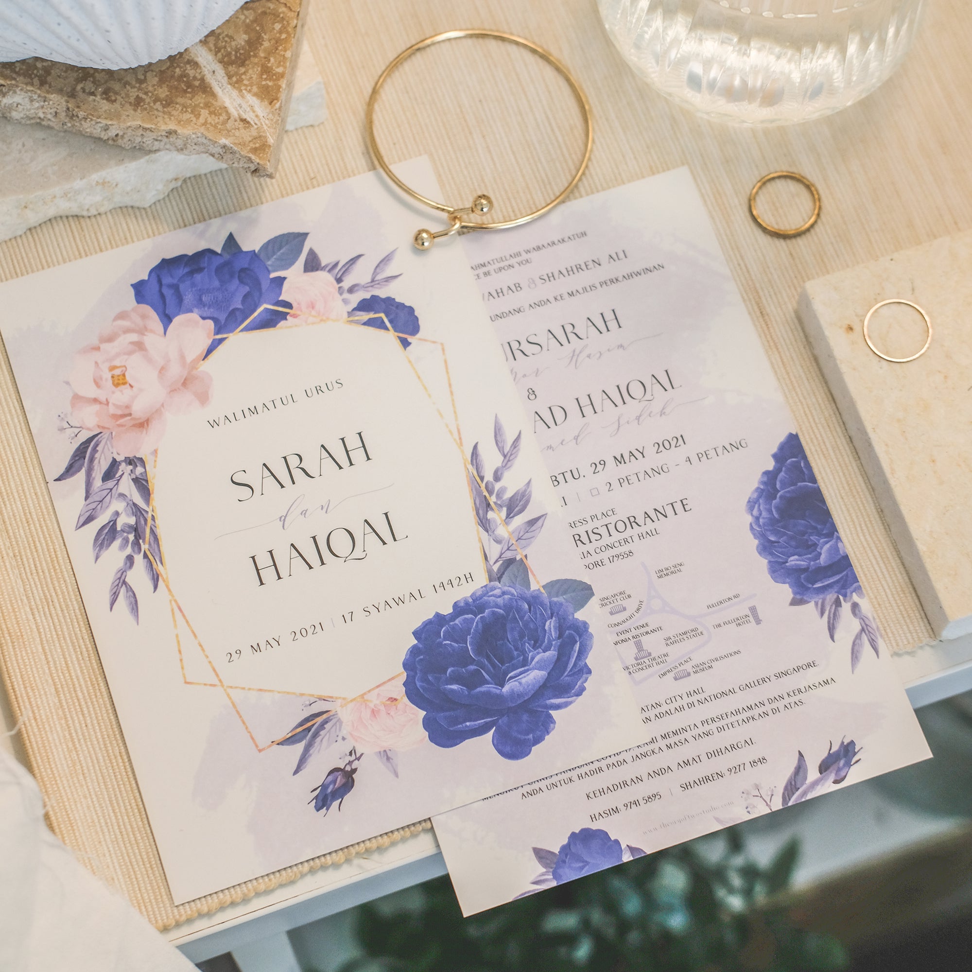 Pink Blush and Dusty Blue Floral Wedding Invitations | Singapore Wedding Card