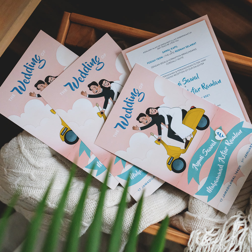 Bride and Groom on Gold Vespa Scooter Illustrated | SG Wedding Card