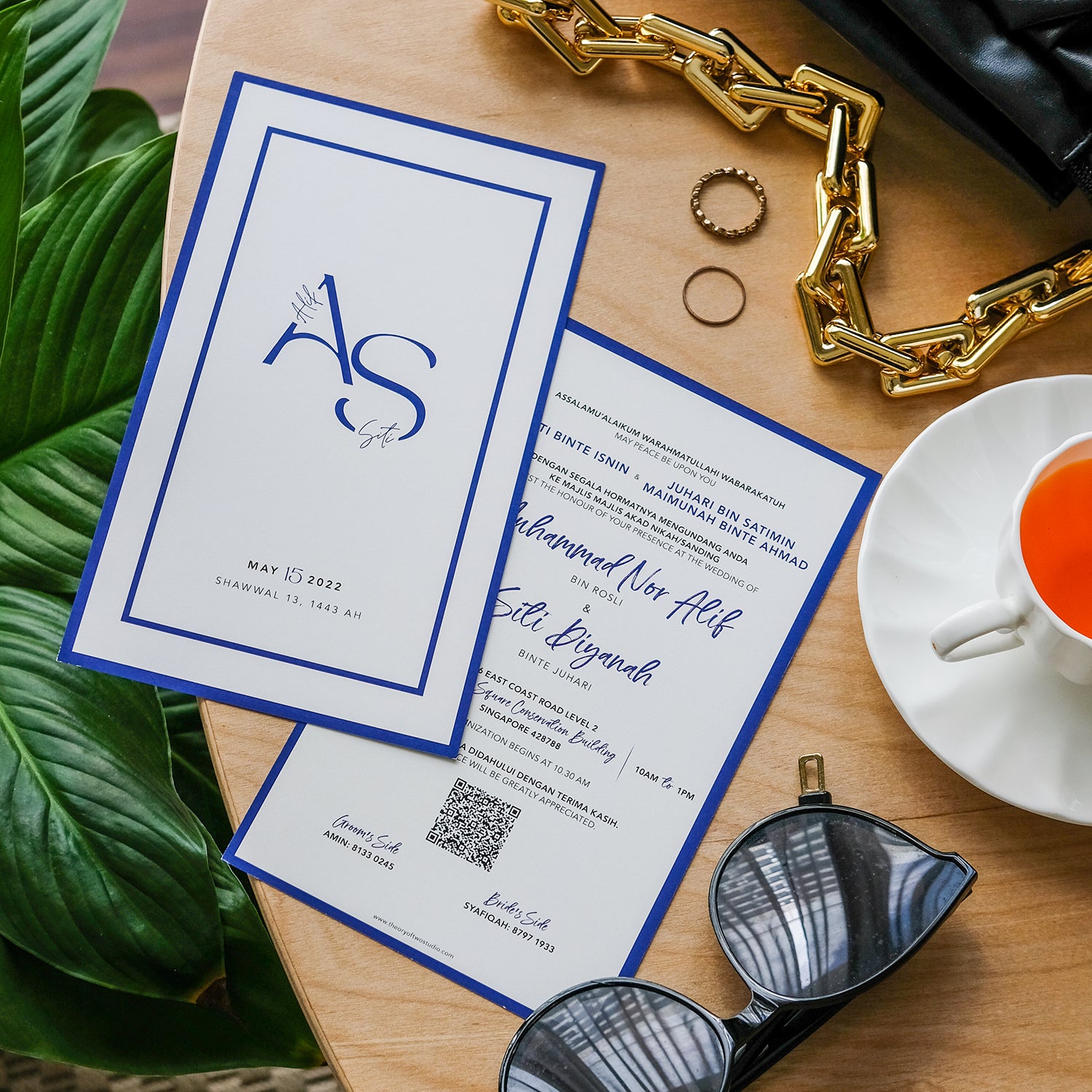 Elegant Navy Blue Border Wedding Invitations | Kad Kahwin Singapore