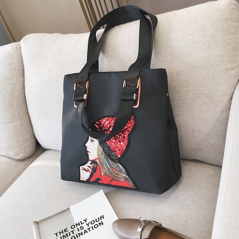 Korean Sports Shoulder large capacity Unisex Fashion travel Sequin embroidery Tote bag