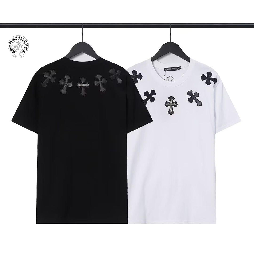 CHROME HEARTS-クロウハート ニュースカーフ レザー刺繍 クロス 男女兼用 ピュアコットン 半袖Tシャツ