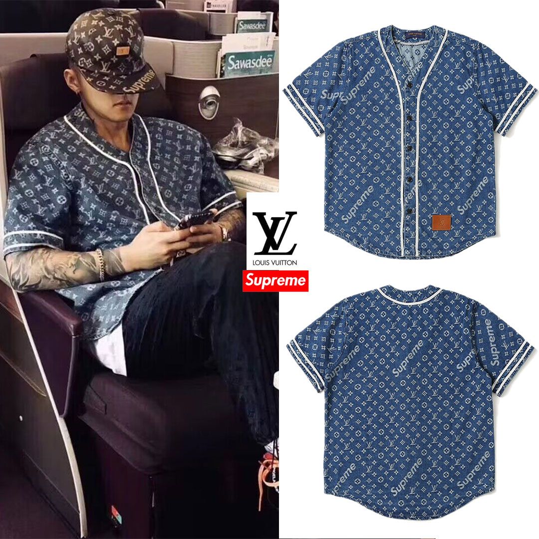 Louis Vuitton X  Supreme 共同ブランド FW23 新しいジャカードフルプリントベースボールシャツジャケット半袖コート外国貿易ニュートラルボタン