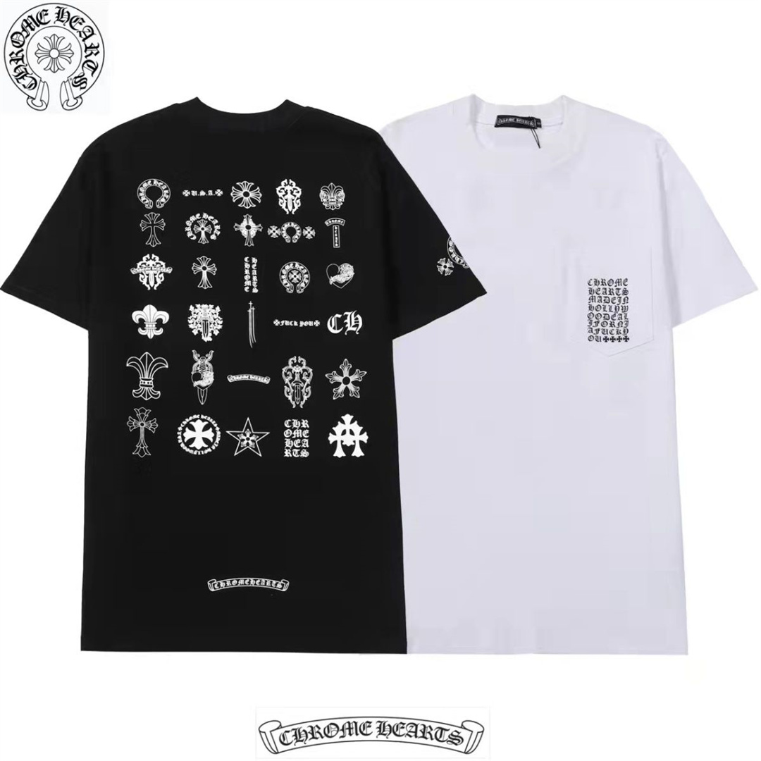 Chrome-hearts/ カラスハート 男女兼用 ポケット梵字クロス丸首半袖Tシャツ