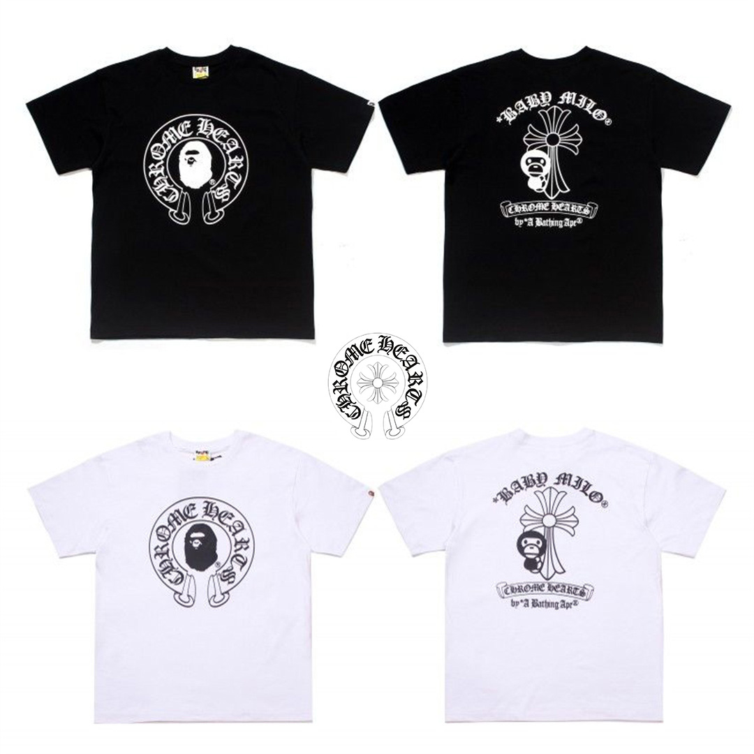 BAPE X Chrome Hearts 2023春夏の新作連名 ホースシューフラワークロスカップル半袖Tシャツ