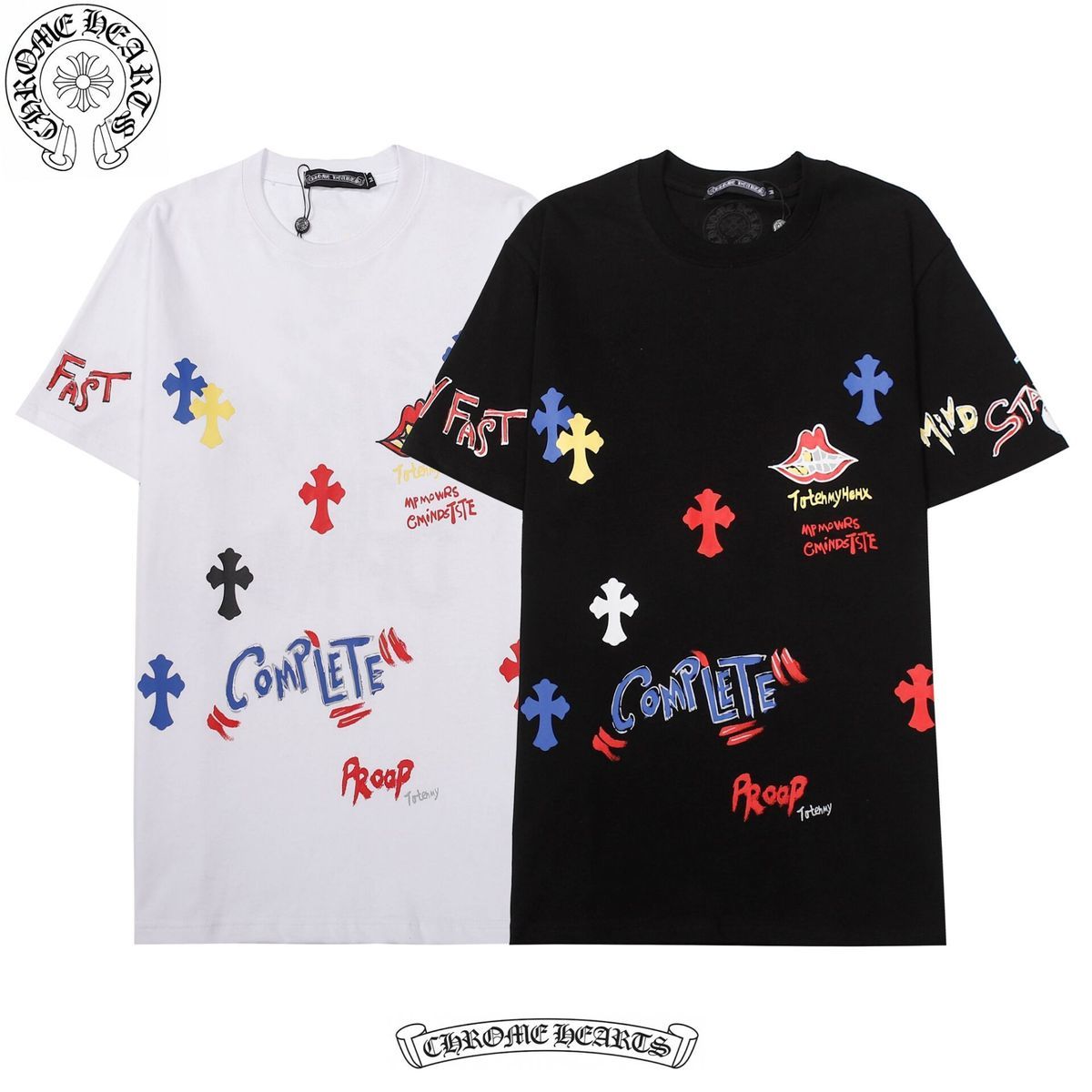  CHROME HEARTS/ クロウハート 2023 面白い落書きクロス漫画唇カジュアル男性と女性半袖 T シャツ夏