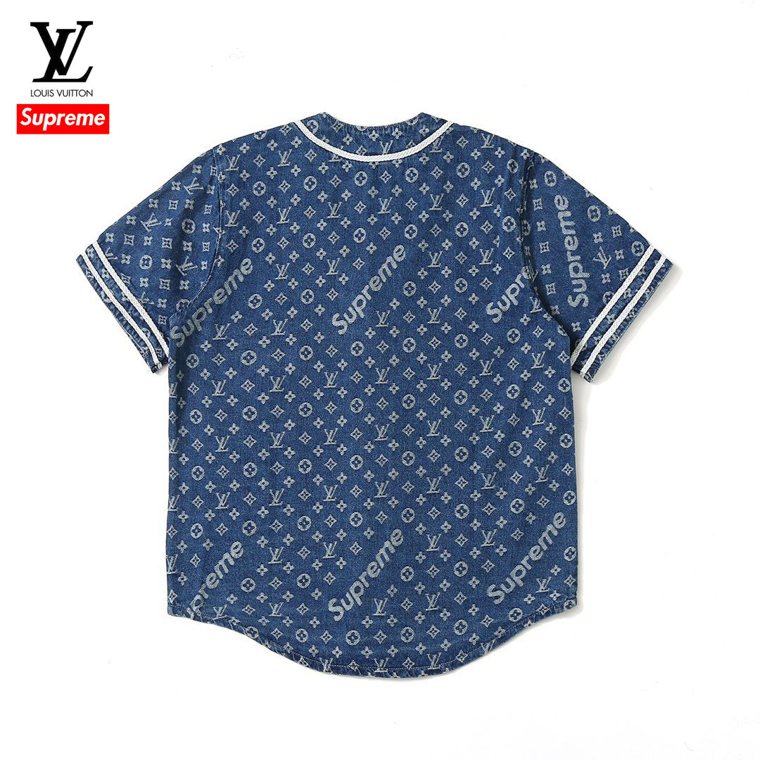 Louis Vuitton X  Supreme 共同ブランド FW23 新しいジャカードフルプリントベースボールシャツジャケット半袖コート外国貿易ニュートラルボタン