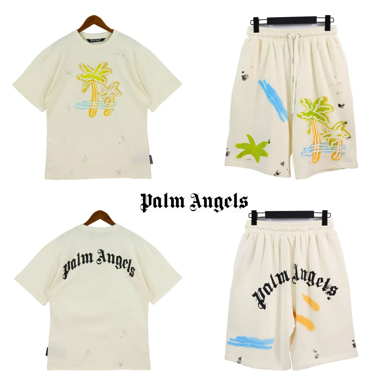 Palm Angels  ココナッツツリーレタープリントハンドほつれメンズサマーカジュアルスーツ