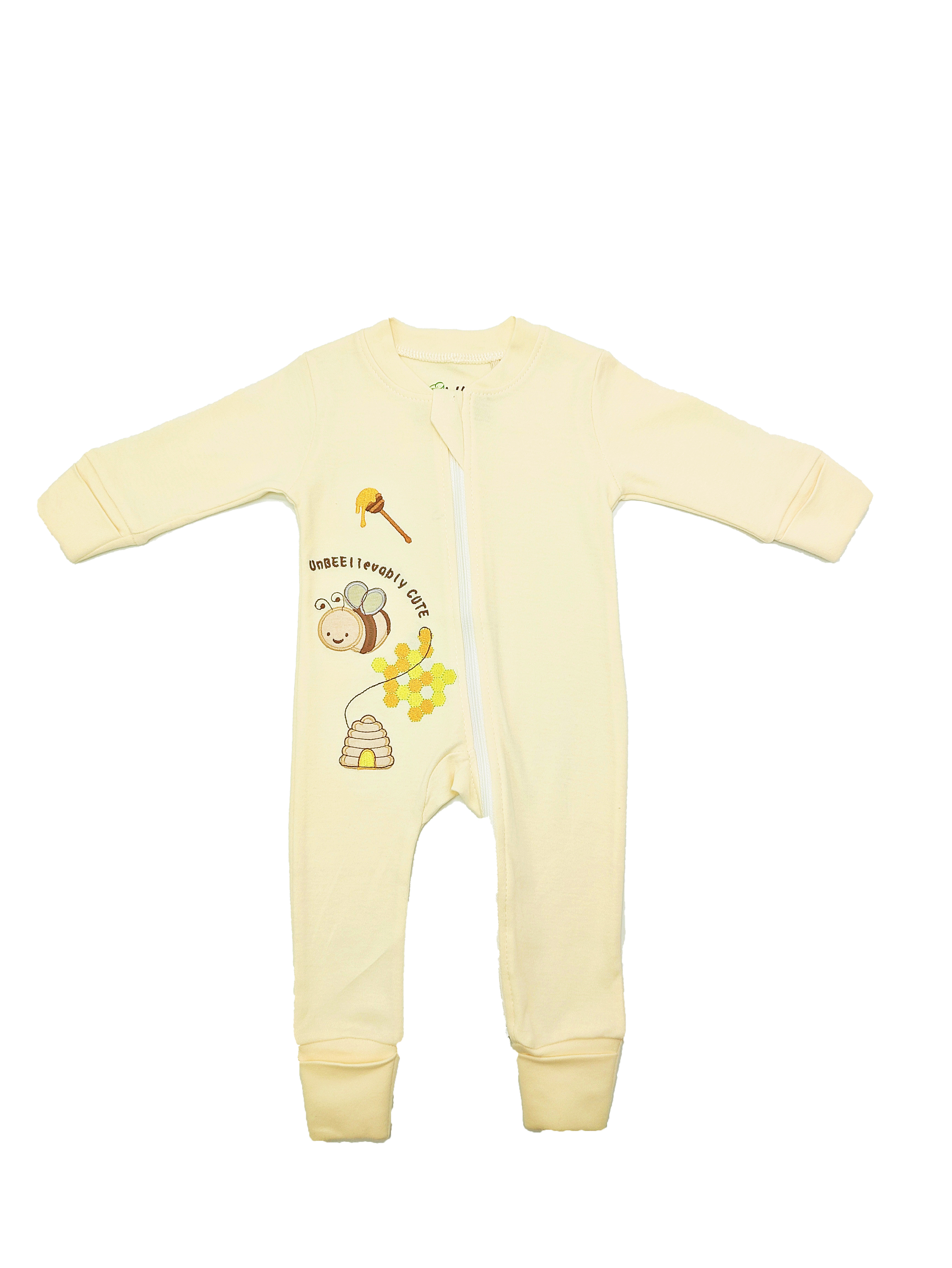 Trendyvalley Organic Cotton UnBEElievably Cute One Piece Baby Zip Romper With Covered Gloves and Socks（BEE）
